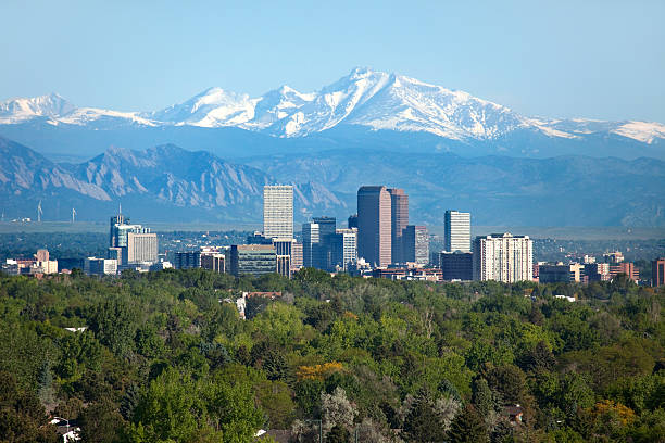 Denver skyline with the snow-capped Front Range behind it